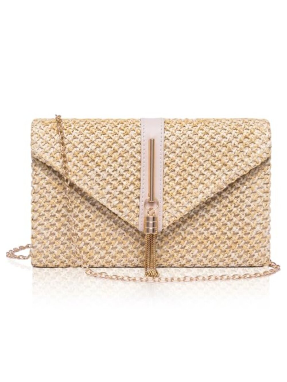 Handwoven Straw Clutch Crossbody Bag with Tassel Envelope Flap & Chain Strap